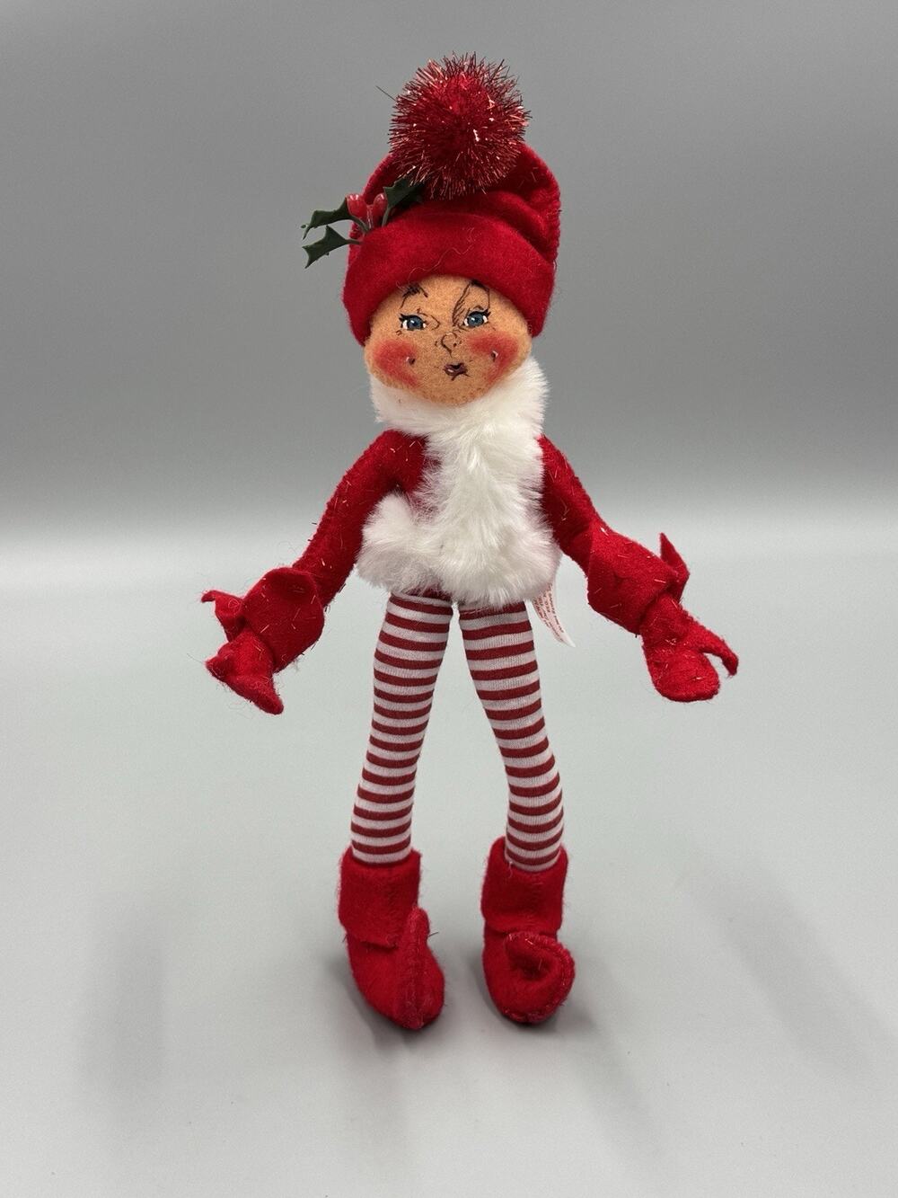 Vintage 2004 Annalee Posable Figurine Plush Doll Red Elf Striped Leggings 9 Inch